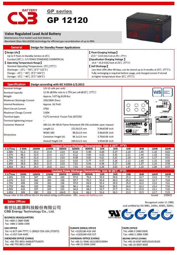 CSB GP12120 Batterie Plomb Étanche 12V 12Ah AGM VRLA Rechargeable