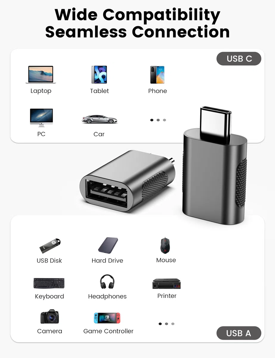 Lot de 4 adaptateurs USB C mâle vers USB femelle, adaptateur USB 3.0 femelle vers Thunderbolt 4/3 compatible avec MacBook Pro, Chromebook, Surface Book, Cellphon et autres appareils de type C