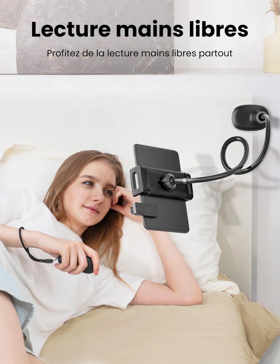 VOLTIFYMAX Support pour Tablet avec Tourne-Page Kindle pour Lecture au Lit, Bras Flexible Réglable pour Accessoires Kindle/Tablettes/iPhone 4.7''-11'', Idéal pour Lecteurs Numériques