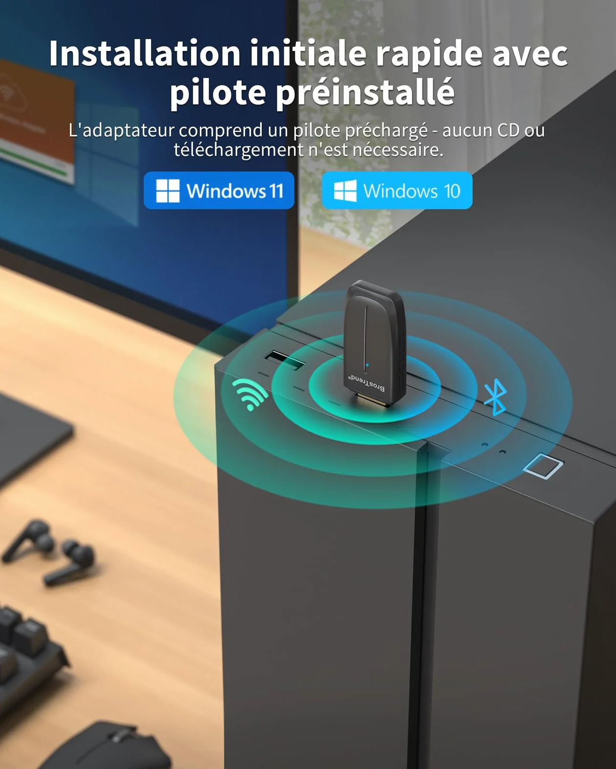 BrosTrend Clé WiFi Bluetooth PC AX900 BT 5.4 WiFi 6 USB Adaptateur Double Bande 5GHz 600Mbps 2.4GHz 286Mbps MU-MIMO