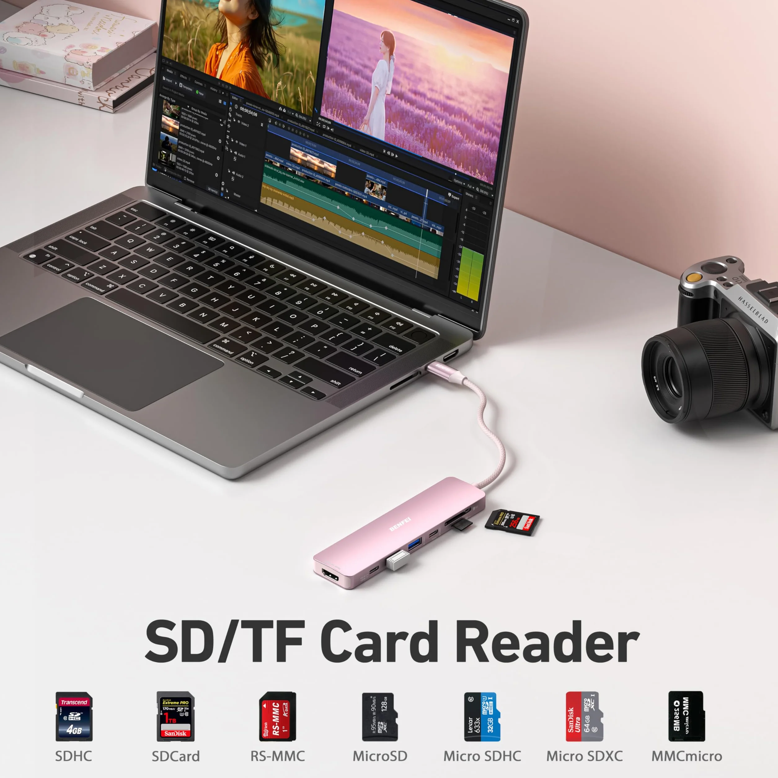 BENFEI Hub USB C 7-en-1 HDMI 4K@60Hz 100W Charge SD/TF MacBook Pro Air iPad Pro iMac Pink