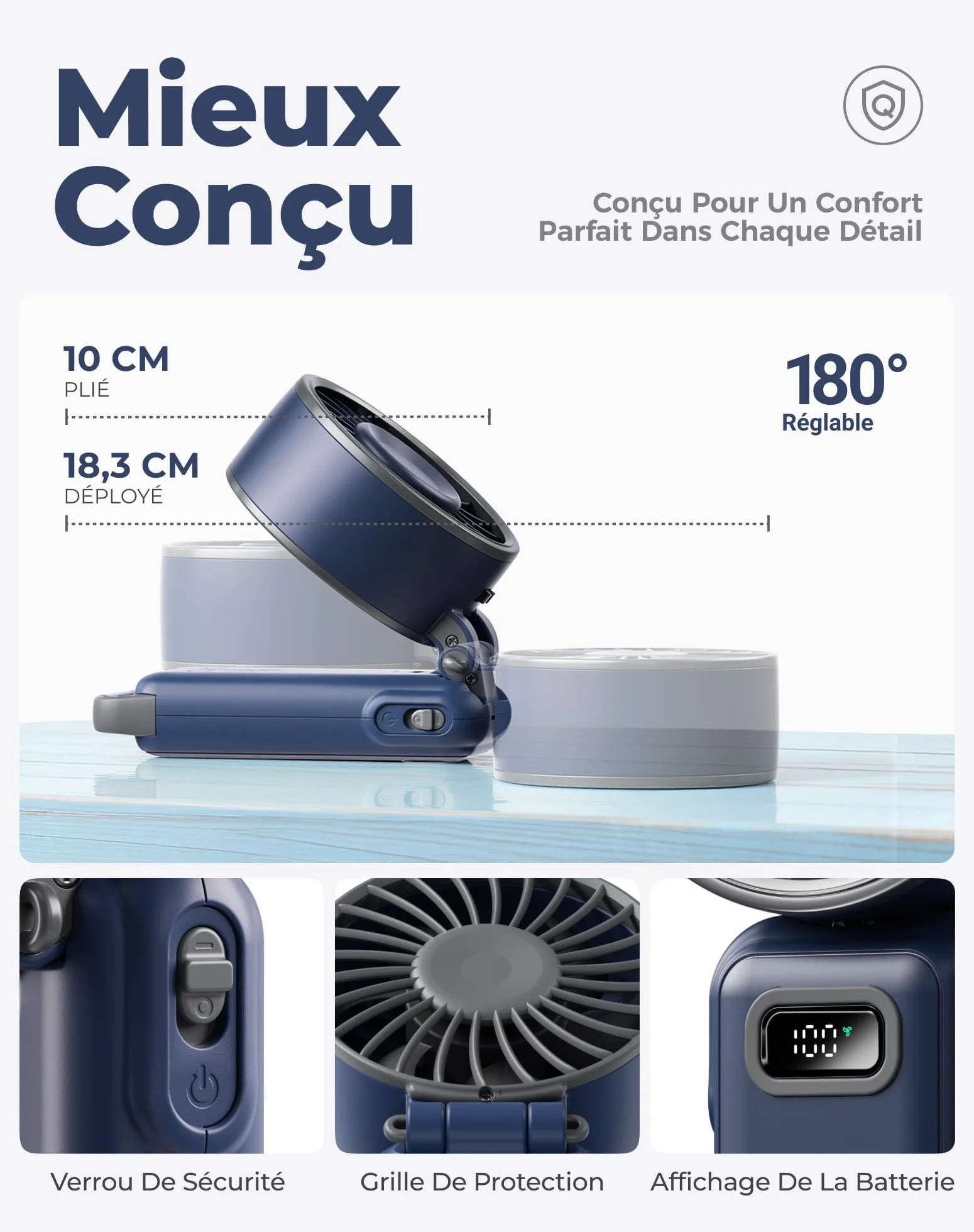 Diveblues Mini Ventilateur Portable Turbo 100 Vitesses Flux d'Air 7,4 m/s Pliable 4-en-1 Rechargeable