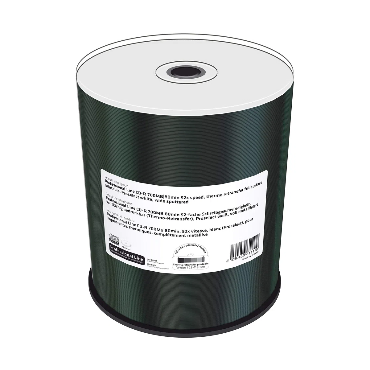 Professional Line CD-R 700Mb|80Min 52x Vitesse d'écriture entièrement Imprimable (Thermo-Retransfer), Proselect Blanc, entièrement métallisé, 100 Cakebox