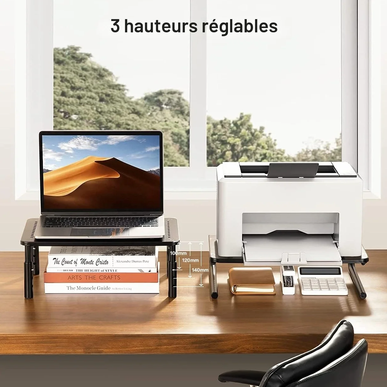 HUANUO Support élévateur pour moniteur 3 hauteurs ergonomiques ajustables avec trous d'aération pour moniteur, ordinateur portable, imprimante (2 paquets)