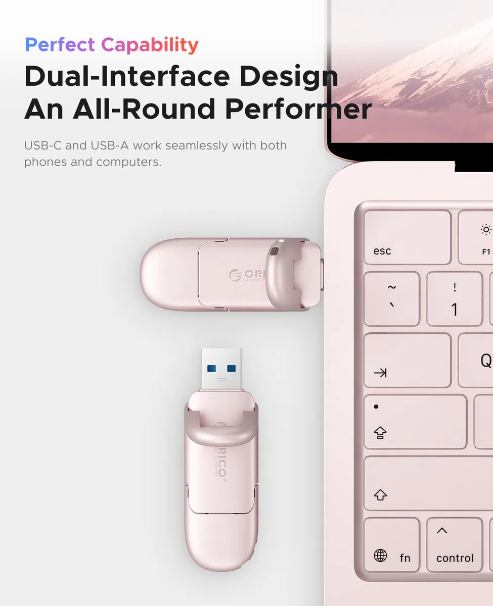 ORICO Neo Clé USB 128 Go Double USB-C/A, Vitesse 400 Mo/s,Rose Poudre