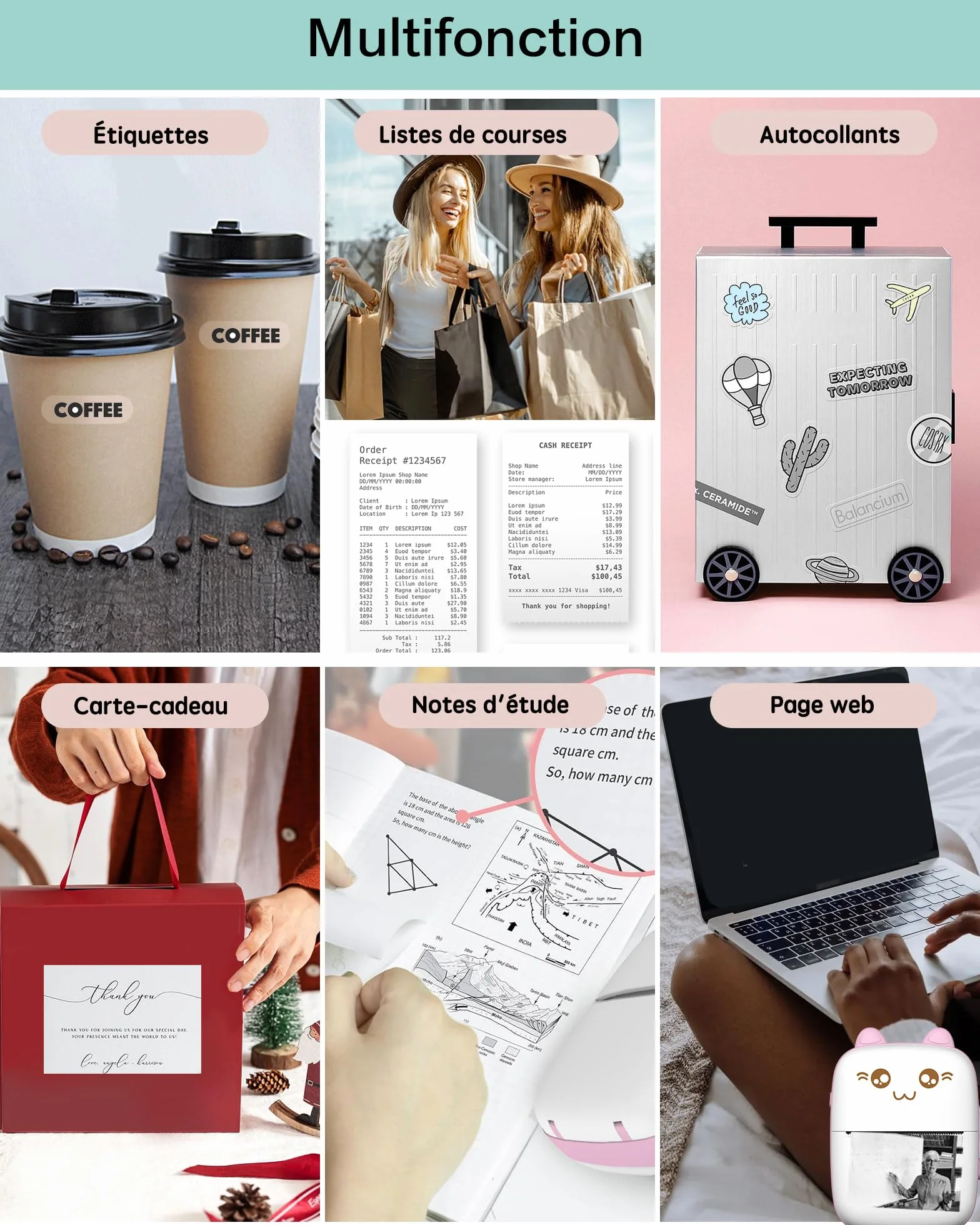 Mini imprimante thermique portable sans fil Bluetooth compatible iOS Android avec 8 rouleaux papier
