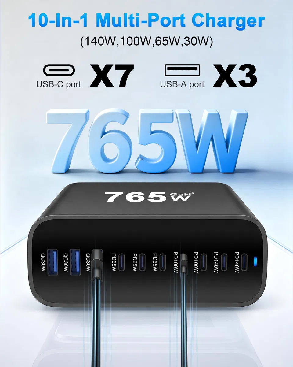 Chargeur USB C GaN 765W 10 Ports PD 3.1 140W pour PC Portable Mobile