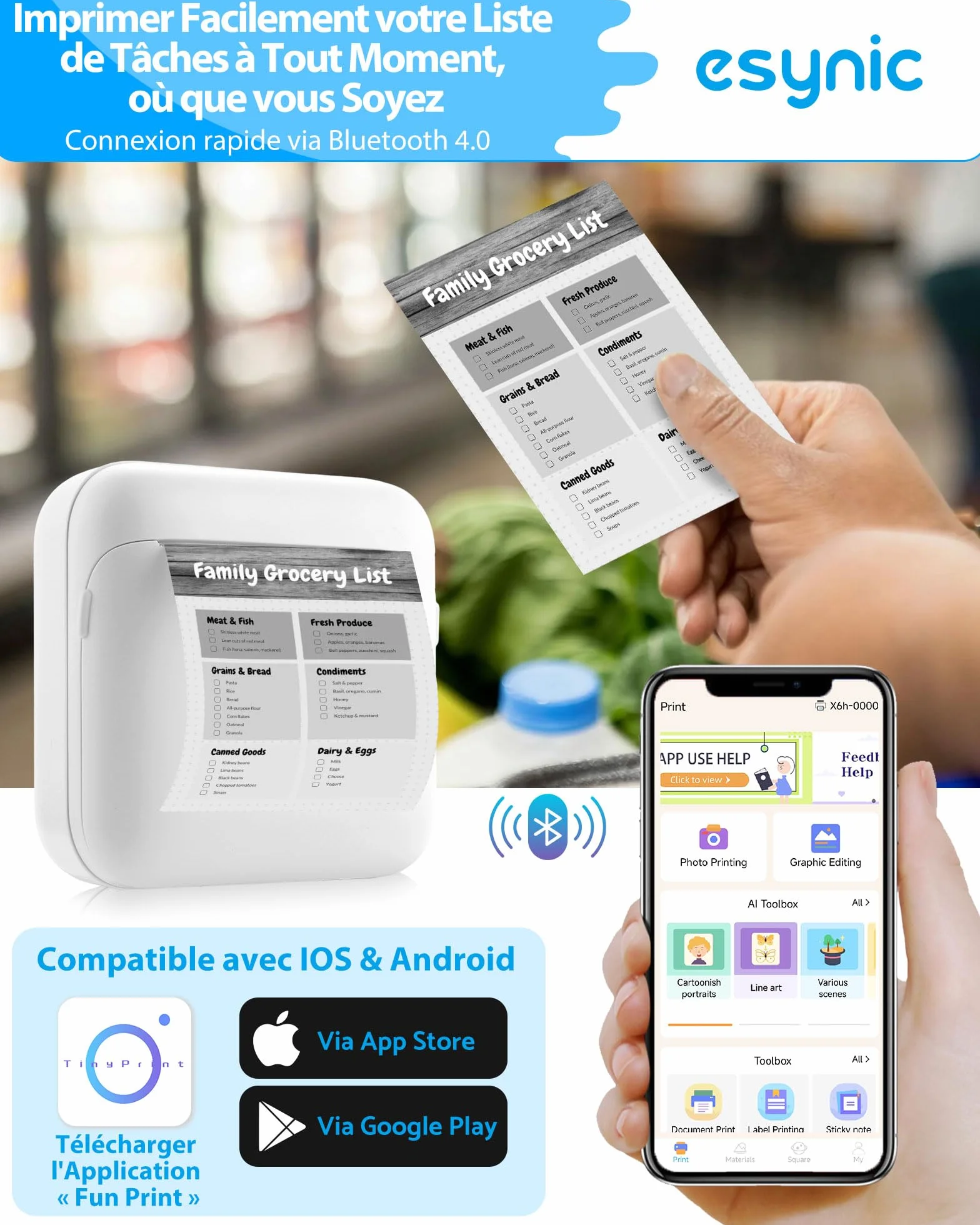 eSynic Mini Imprimante Thermique Portable 85×83×40mm 203DPI Bluetooth sans Encre Compatible iOS Android