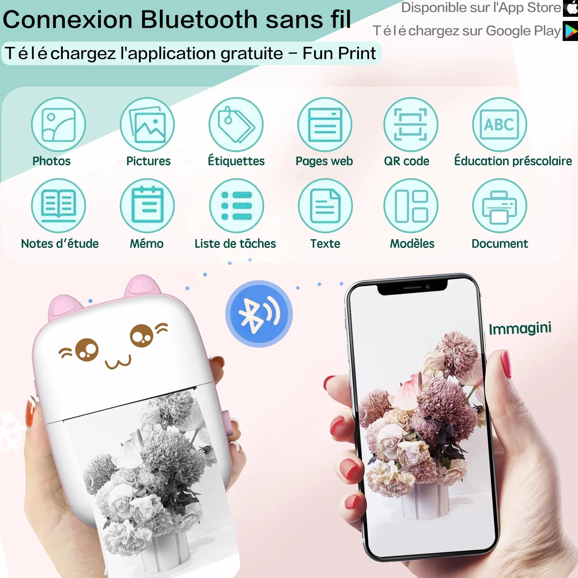 Mini imprimante thermique portable sans fil Bluetooth compatible iOS Android avec 8 rouleaux papier