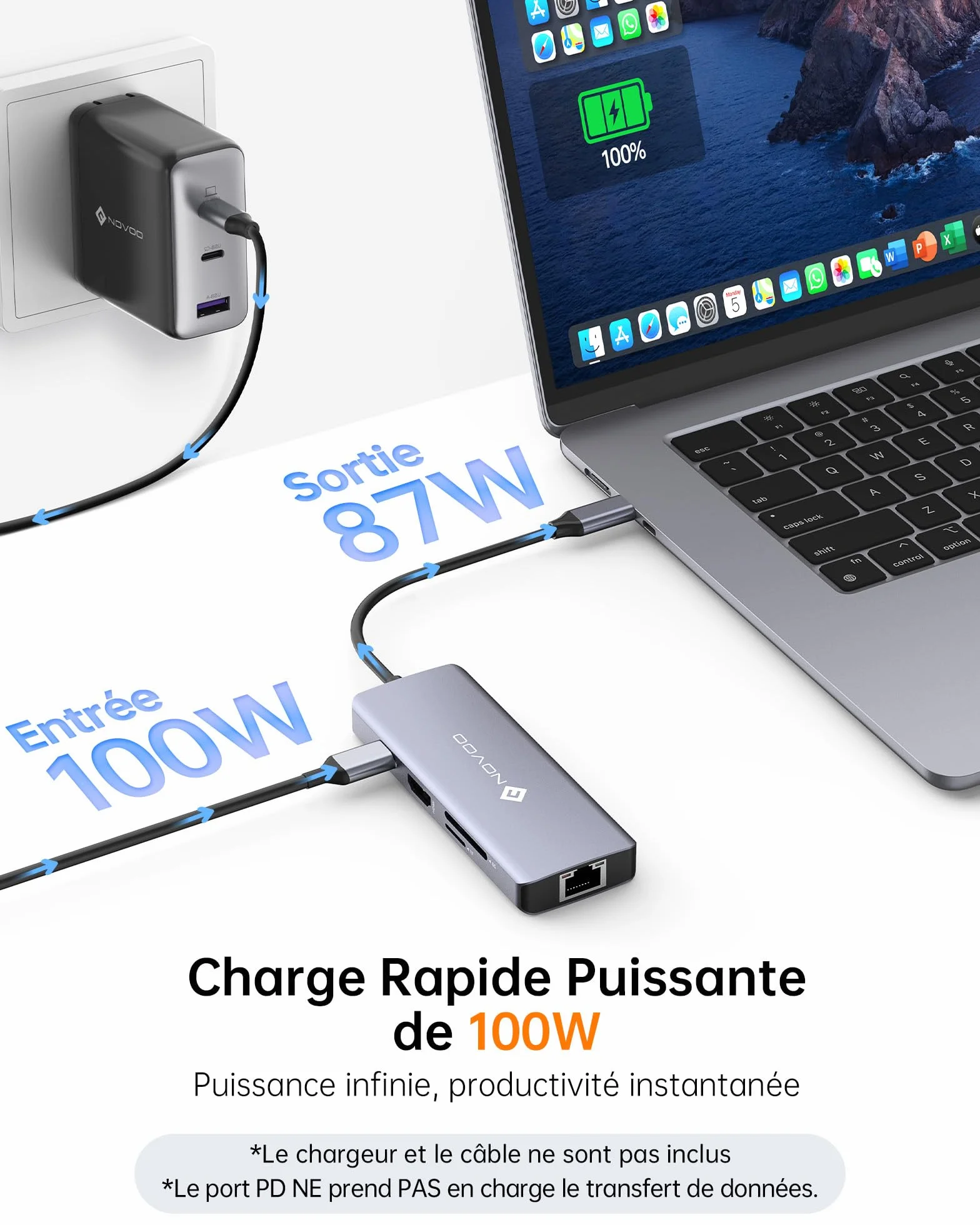 NOVOO 8-en-1 Hub USB C vers HDMI 4K@60Hz, Ethernet Gigabit, USB A 3x, 100W PD, SD/TF Multiport Dock