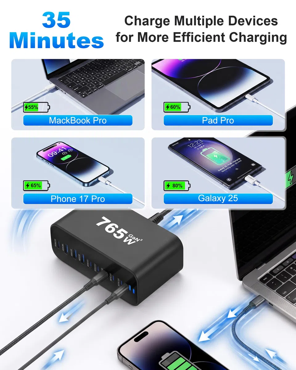 Chargeur USB C GaN 765W 10 Ports PD 3.1 140W pour PC Portable Mobile