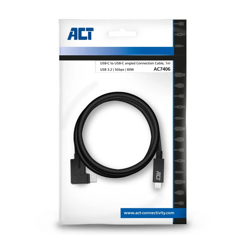 ACT Câble USB C à angle droit 1m, câble à 90 degrés USB 3.0, câble USB C PD 60W charge rapide, vitesse de données 5 Gbps - AC7406