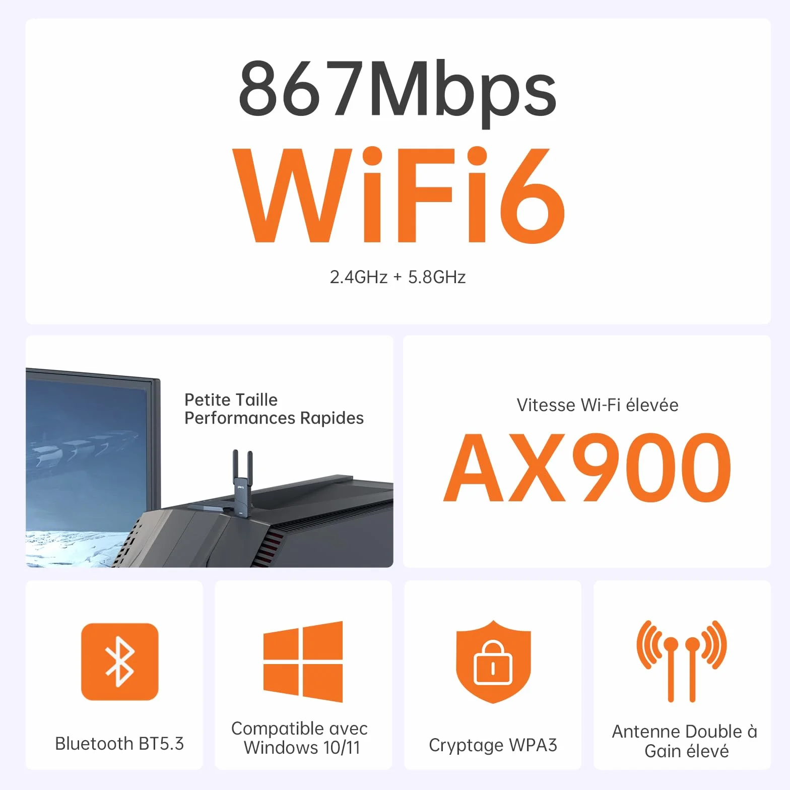 Clé WiFi 6 AX900 Adaptateur USB sans Fil Double Bande 5GHz 2.4GHz Bluetooth 5.3 Antenne Gain Élevé WPA3 Compatible Windows 11 10