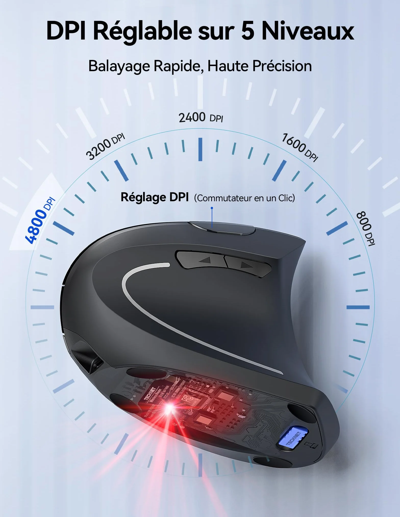 TECKNET Souris Ergonomique sans Fil Rechargeable 4800 DPI Réglable Silencieuse 2.4G 6 Boutons LED Noir