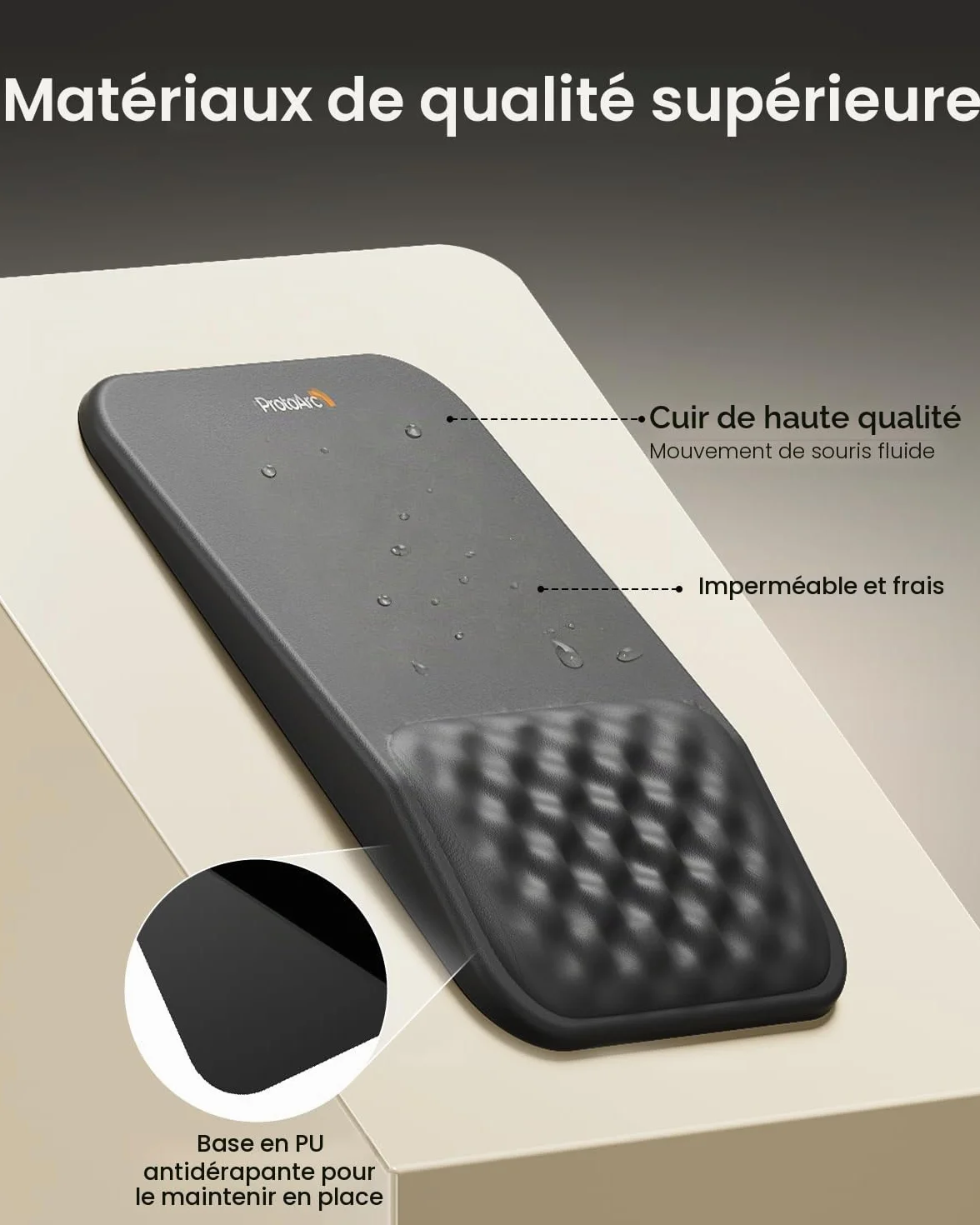 ProtoArc Tapis de Souris Repose-Poignet Cuir PU MP50 Noir, Base Antidérapante Imperméable