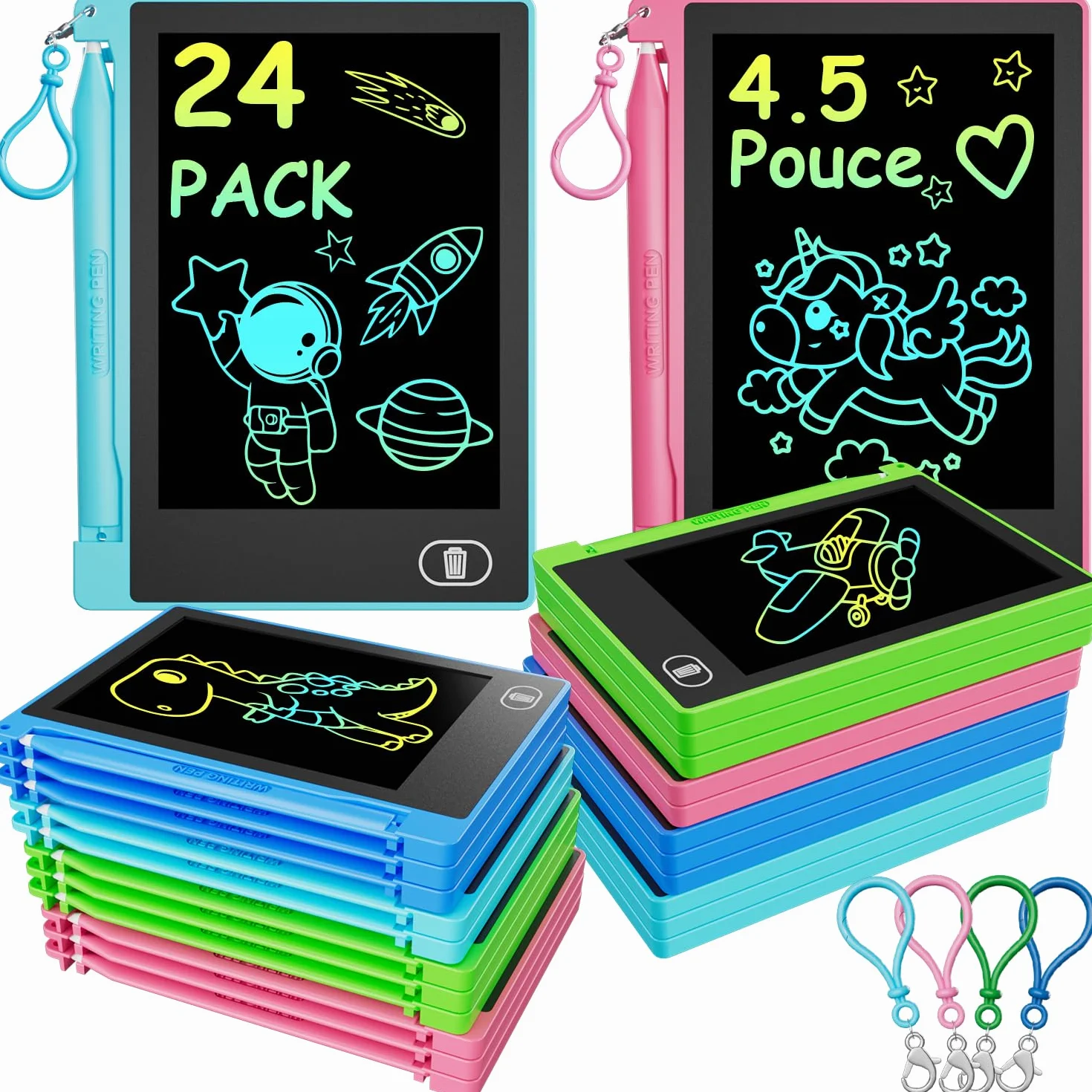 Lot de 12 Tablettes d'écriture LCD 4,5 Pouces Ardoises Magiques Réutilisables 4 Couleurs Vives avec Crochet