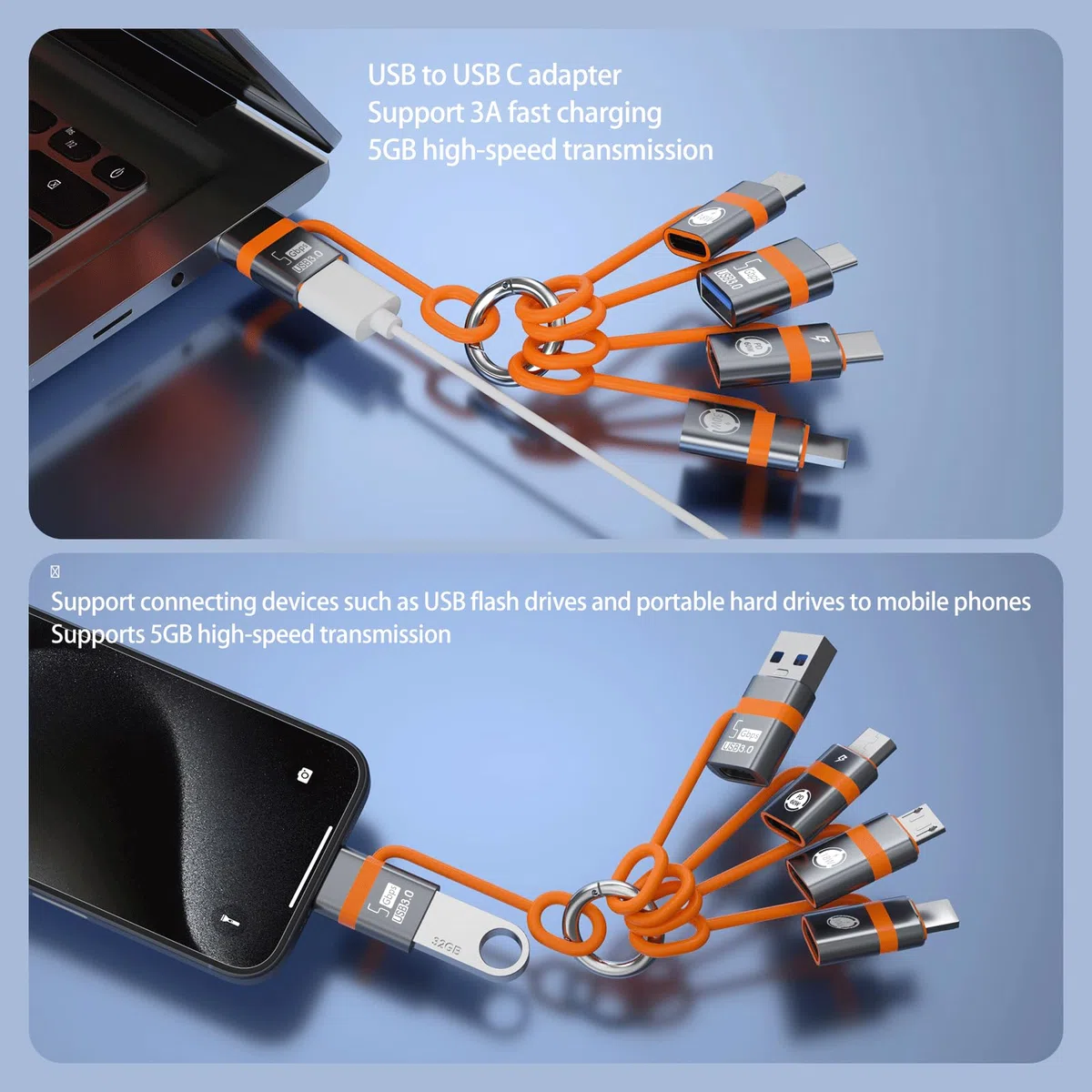 Adaptateur USB vers USB-C, adaptateur USB-C vers USB, convertisseur USB-C vers micro, adaptateur IP vers Type-C et adaptateur Type-C vers IP (5 pièces au total), prenant en charge la charge rapide OTG