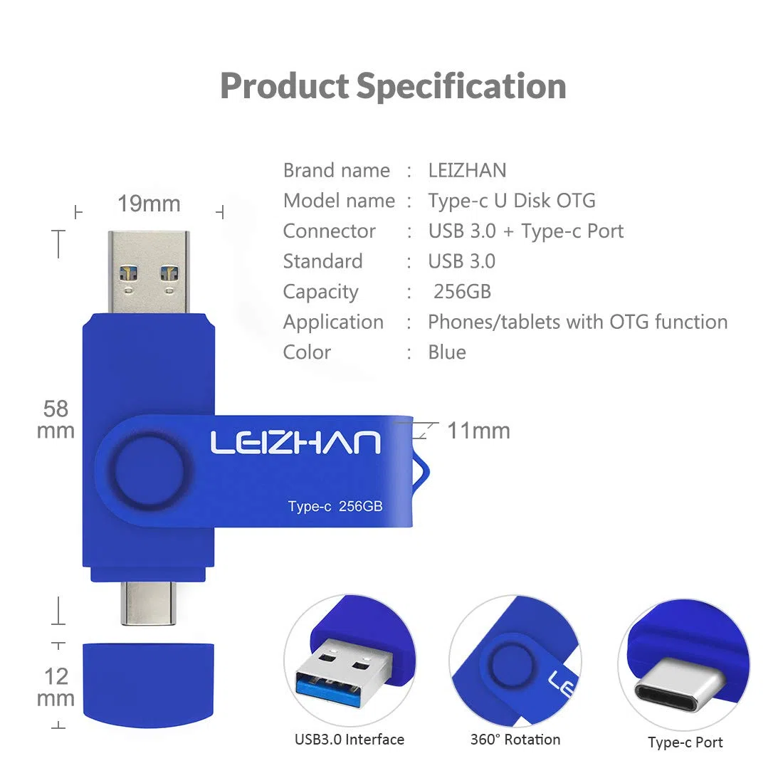 Clé USB C 256Go, 2-en-1 Dual Clé USB 3.0, Cle USB Type C, Clé USB pour Smartphone Android, Clé USB Personnalisée, Cle USB Telephone Portable, USB Stick USB Key USB Flash Drives (Bleu