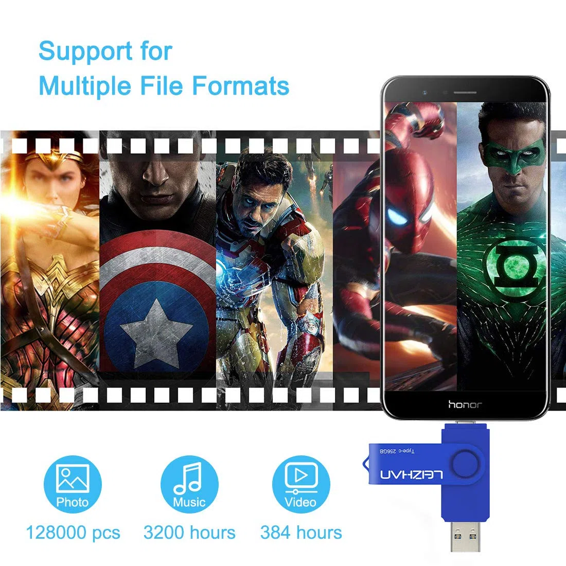 Clé USB C 256Go, 2-en-1 Dual Clé USB 3.0, Cle USB Type C, Clé USB pour Smartphone Android, Clé USB Personnalisée, Cle USB Telephone Portable, USB Stick USB Key USB Flash Drives (Bleu