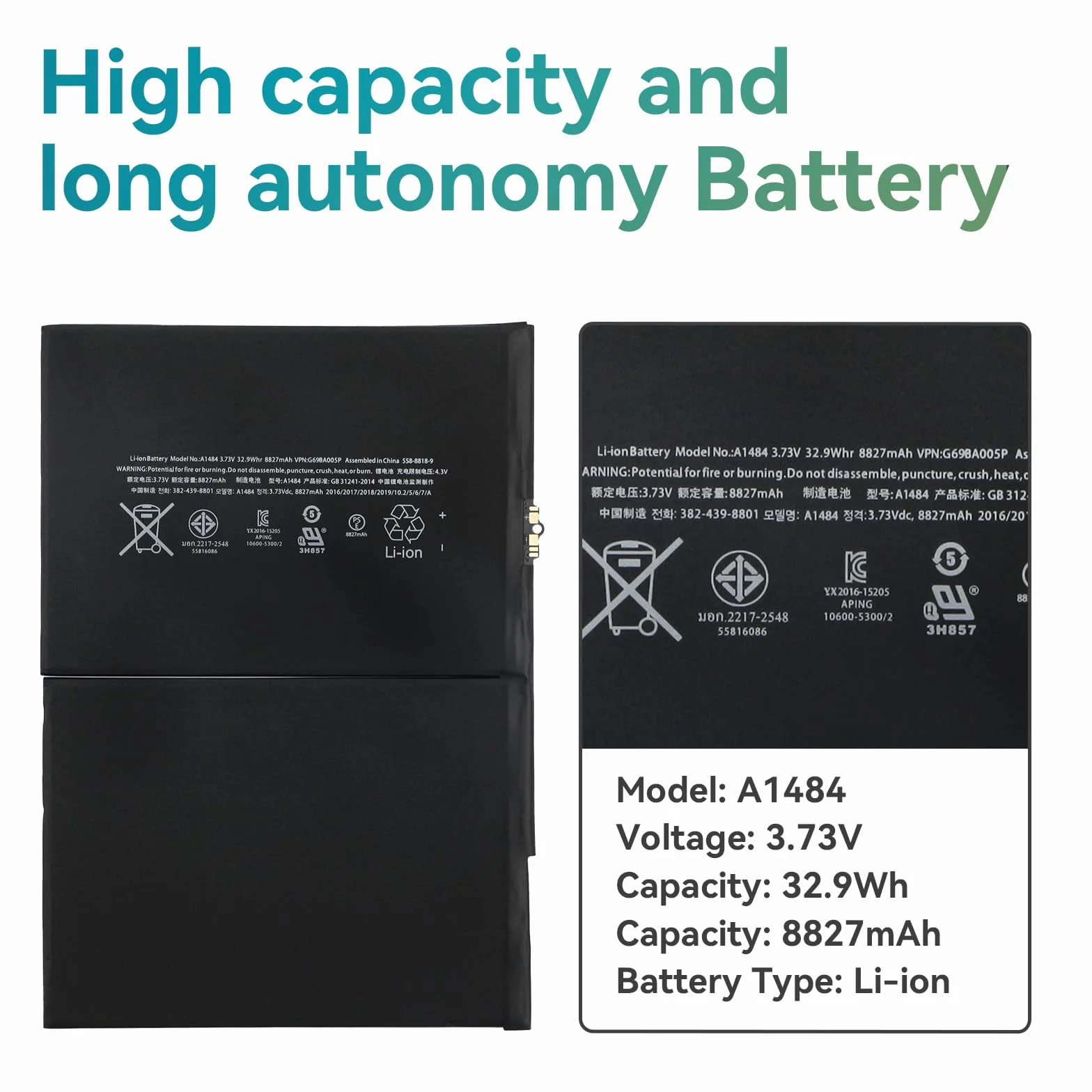 K KYUER A1484 Tablet Batterie pour iPad 5 6 7 8 9 Gen Air 1 2013