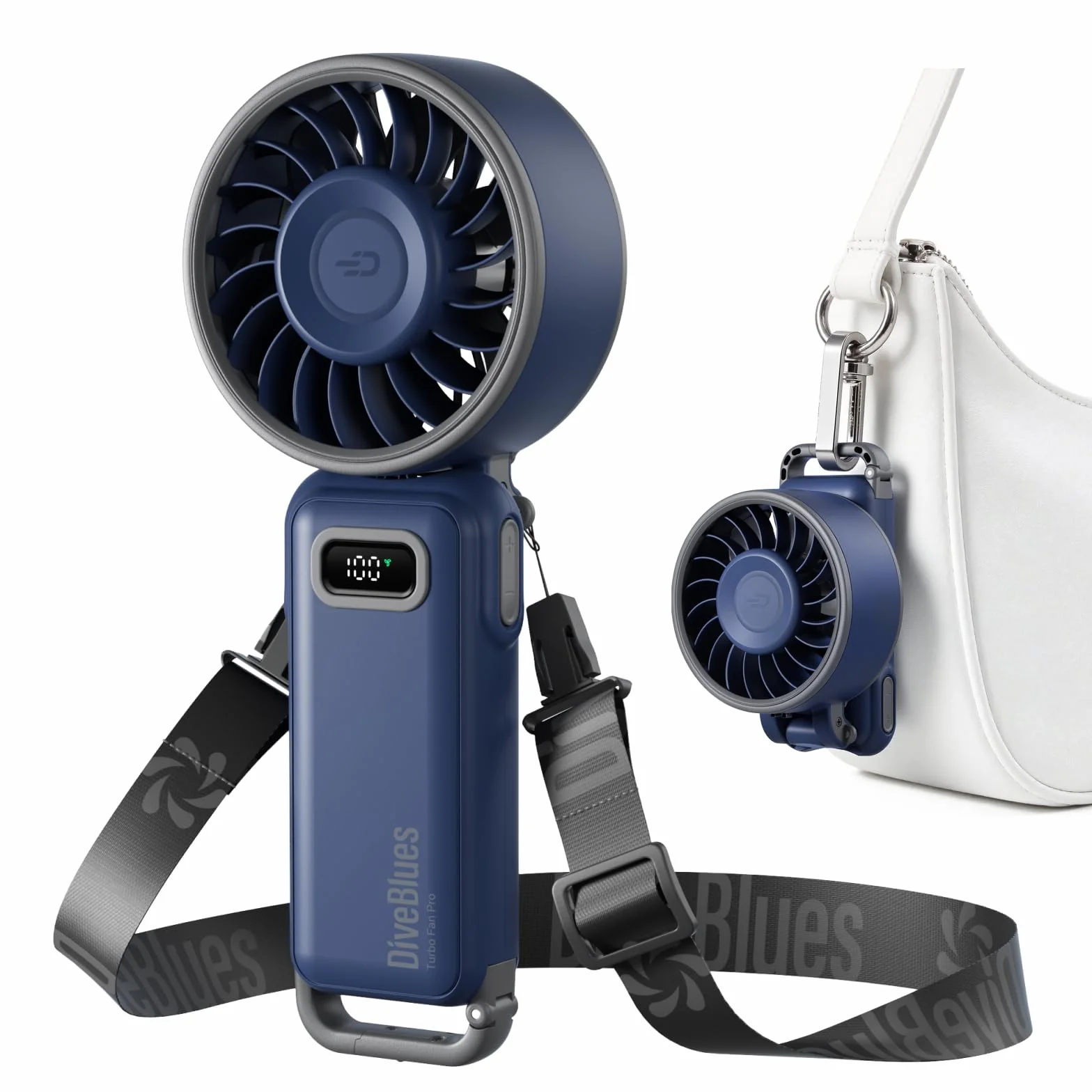 Diveblues Mini Ventilateur Portable Turbo 100 Vitesses Flux d'Air 7,4 m/s Pliable 4-en-1 Rechargeable