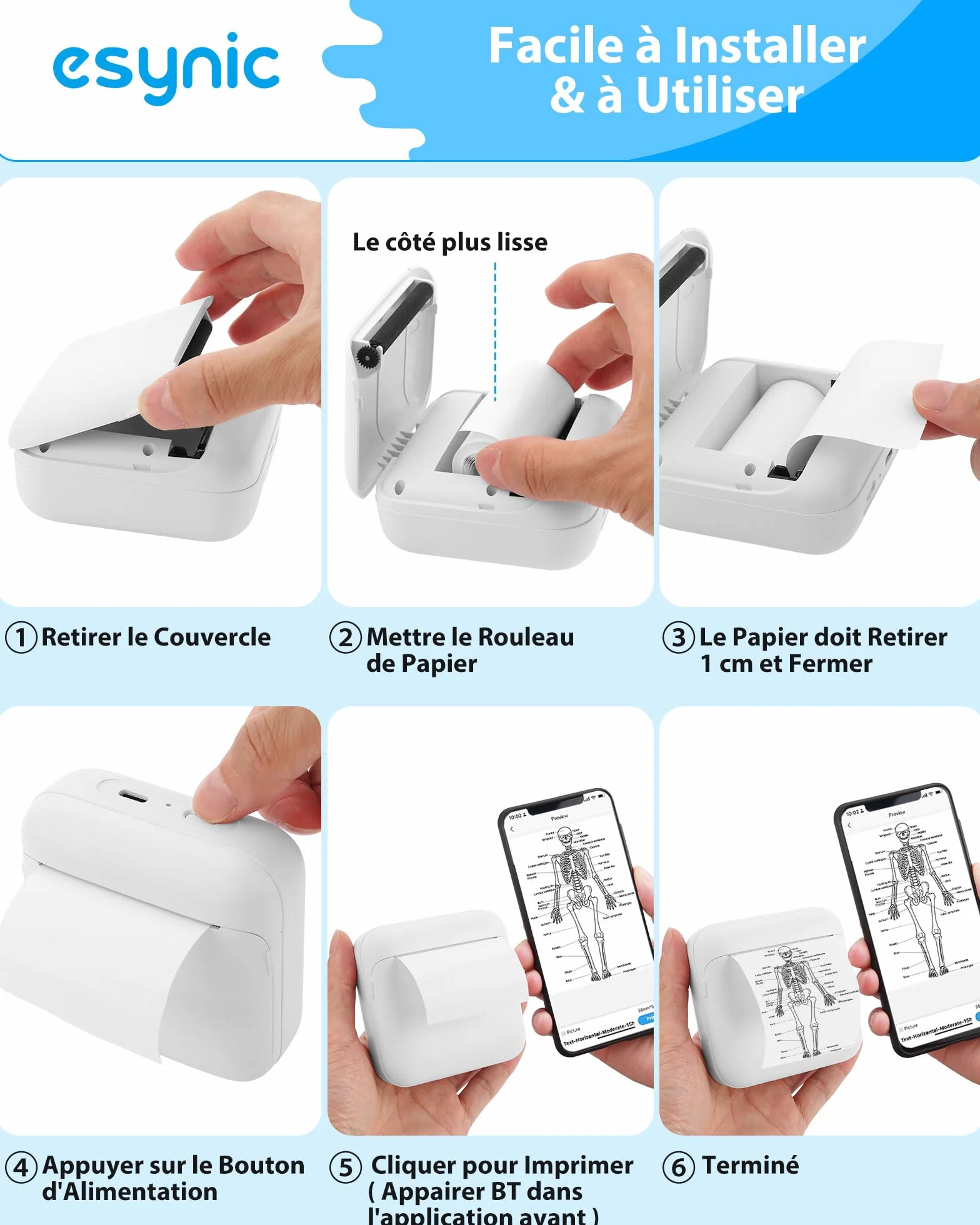 eSynic Mini Imprimante Thermique Portable 85×83×40mm 203DPI Bluetooth sans Encre Compatible iOS Android