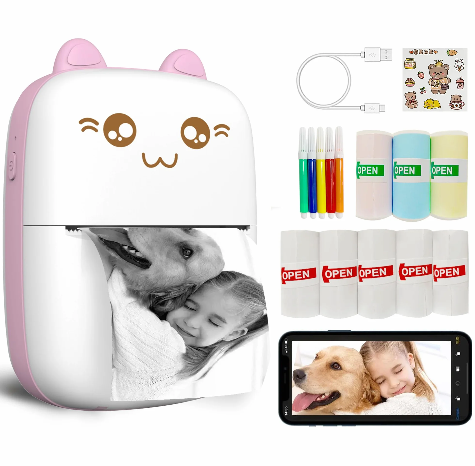 Mini imprimante thermique portable sans fil Bluetooth compatible iOS Android avec 8 rouleaux papier