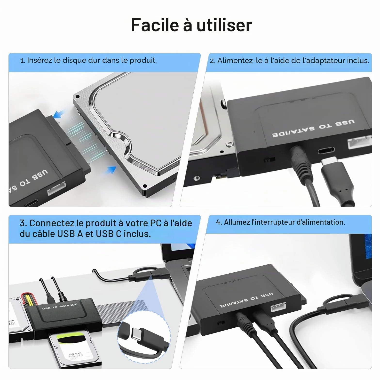 Adaptateur Disque dur USB 3.1 6Gbps pour 2.5" 3.5" HDD SSD SATA IDE Convertisseur avec Câble USB Alimentation 12V 2A