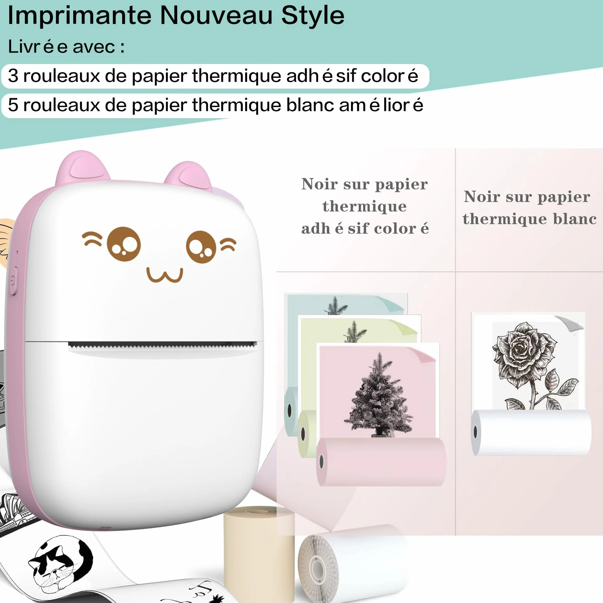 Mini imprimante thermique portable sans fil Bluetooth compatible iOS Android avec 8 rouleaux papier