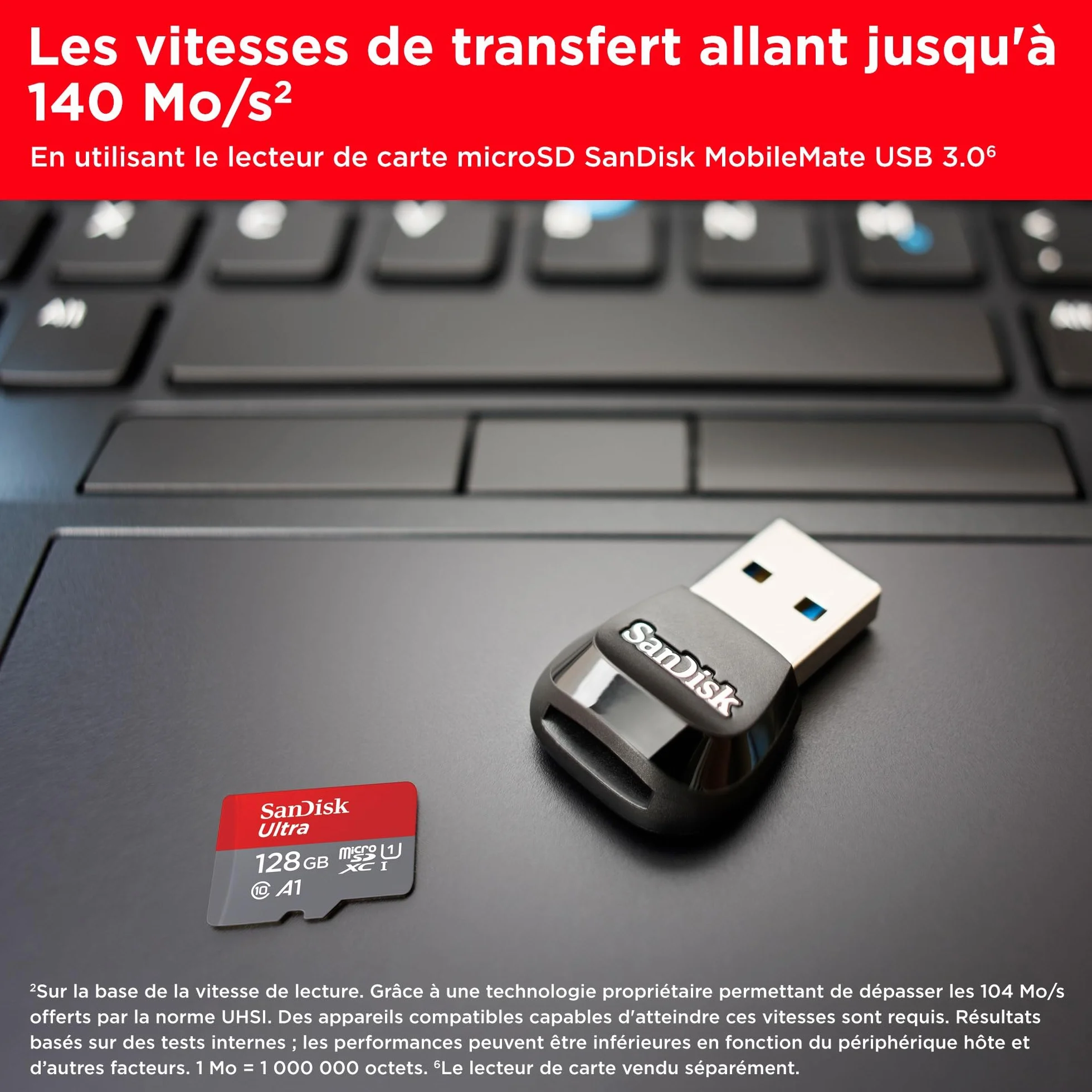 SanDisk 128 Go Ultra microSDXC Carte micro sd + adaptateur SD UHS-I A1 Class 10 U1 jusqu'à 140 Mo/s