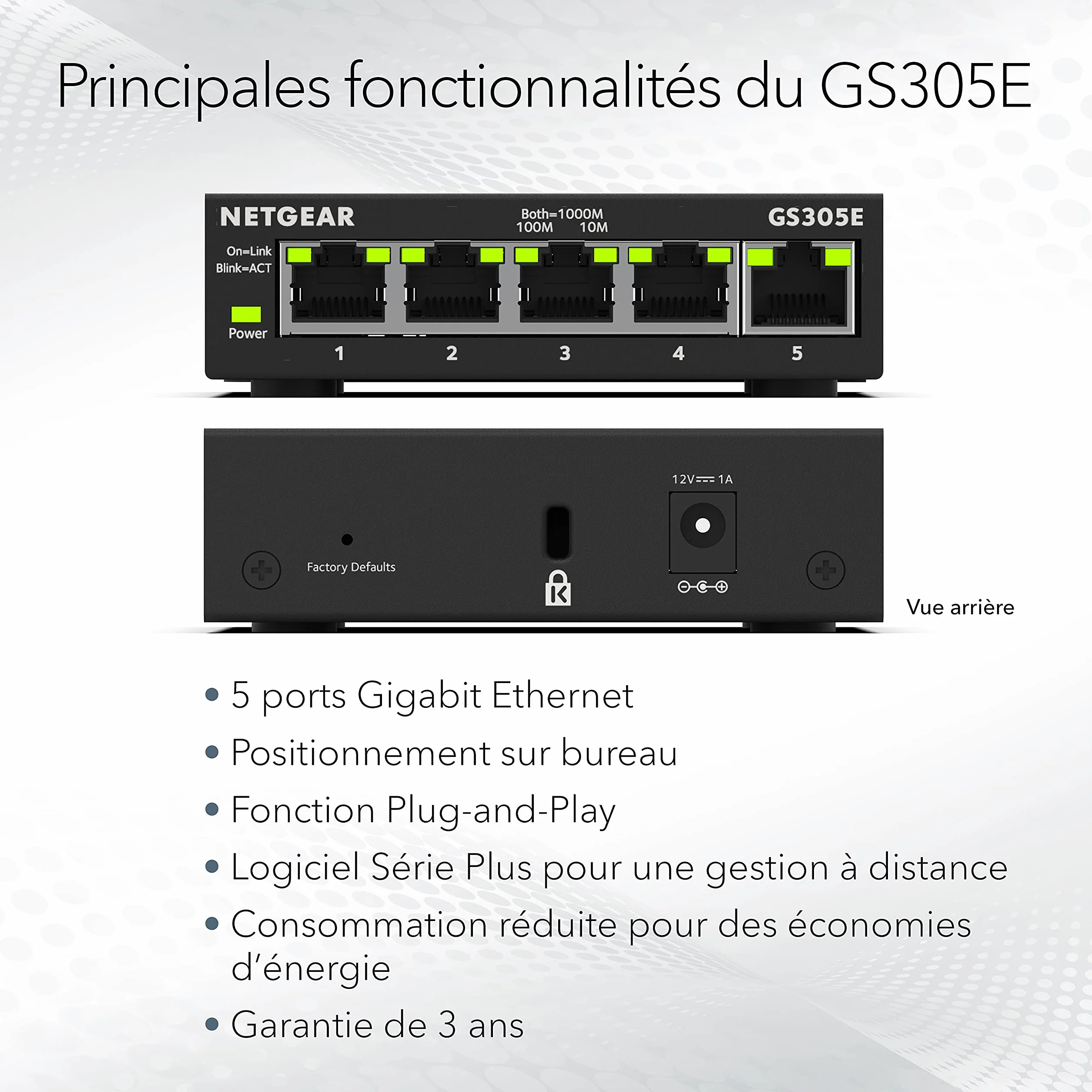 NETGEAR GS305E Switch Ethernet 5 Ports RJ45 Métal Gigabit 10/100/1000 Manageable Plus Bureau Mur Plug and Play Silencieux