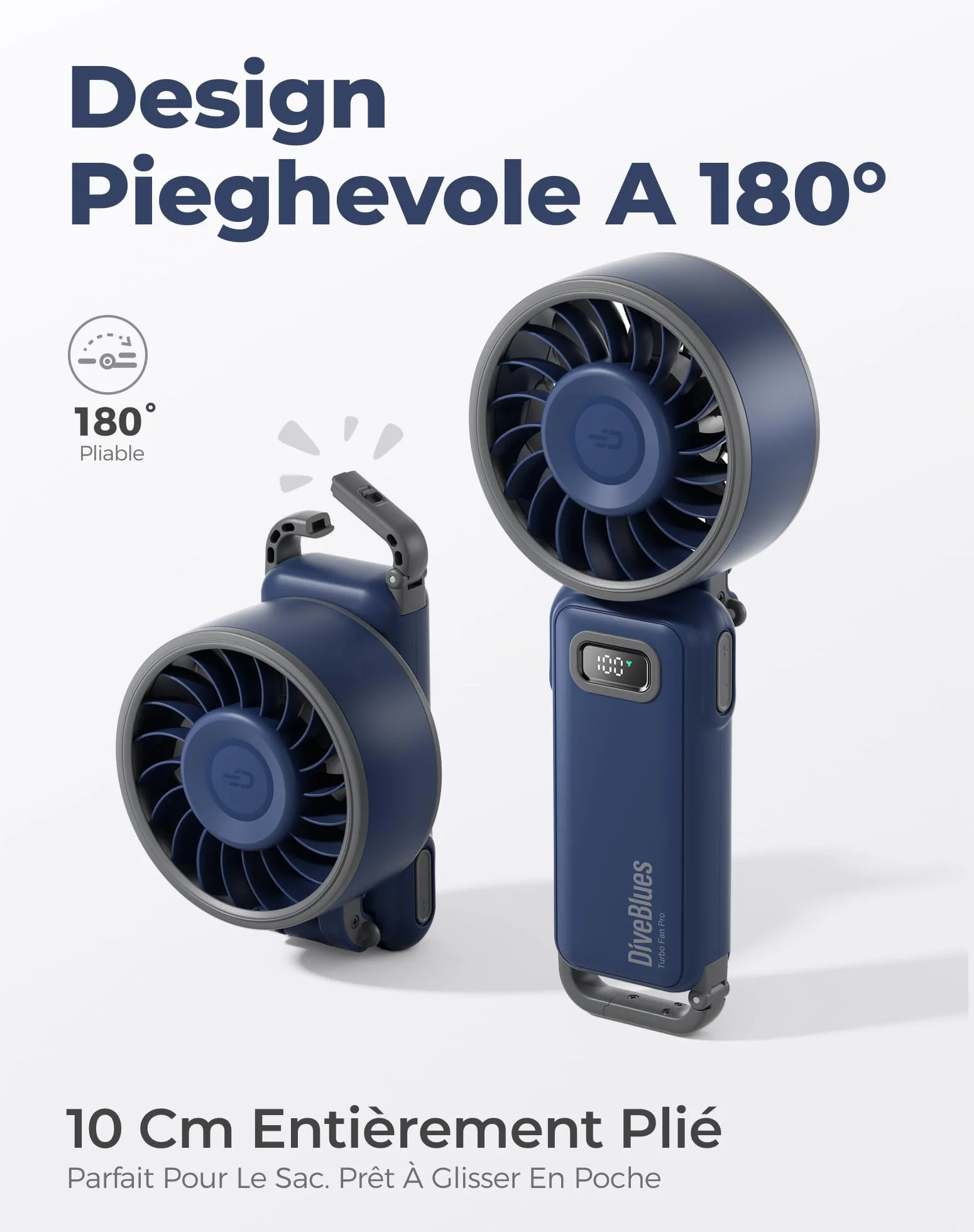 Diveblues Mini Ventilateur Portable Turbo 100 Vitesses Flux d'Air 7,4 m/s Pliable 4-en-1 Rechargeable