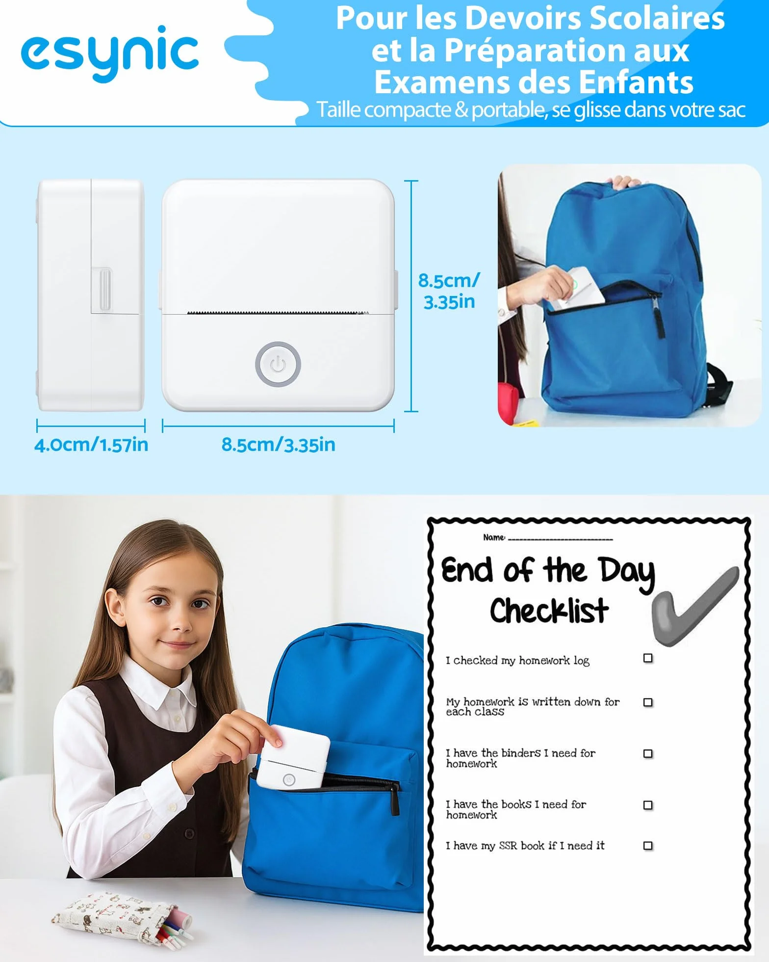 eSynic Mini Imprimante Portable Thermique Noir et Blanc Bluetooth Compatible Android iOS avec Étiquettes Adhésives Sac